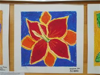 student art of an orange and red flower with blue background
