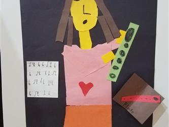Student art project of a female teacher in a classroom made with brown, yellow, pink, red, green, white and orange paper strips.